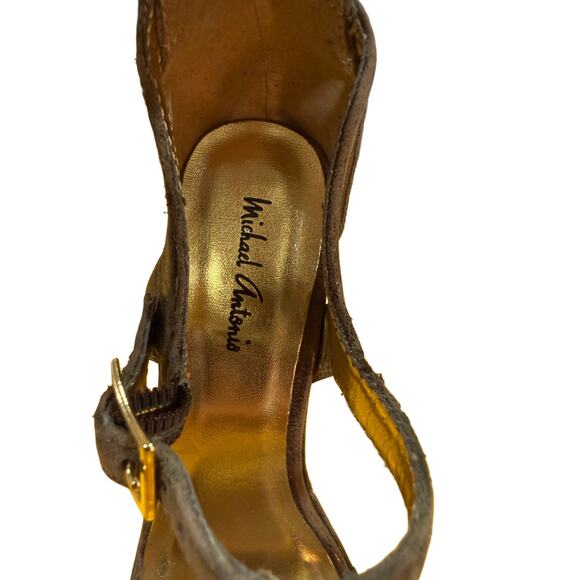 NWOT Michael Antonio Brown/Gold/Bronze Leather Platform Strappy Heels, SIZE 8 - Picture 12 of 17